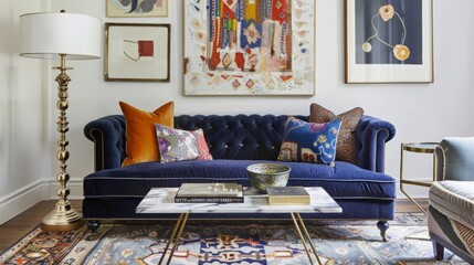 Contemporary Chic Living Room with Navy Blue Velvet Sofa and Art Gallery