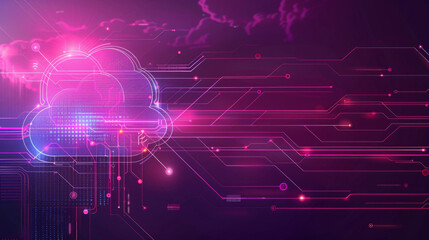 Obraz premium Abstract tech background with cloud symbol and circuit lines in vibrant purples