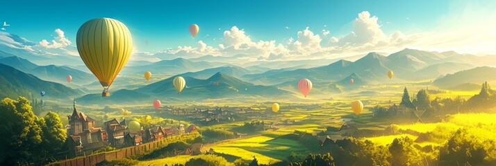 Top view of green landscape and mountain valleys and town and colorful balloons flying in the sky, banner illustration