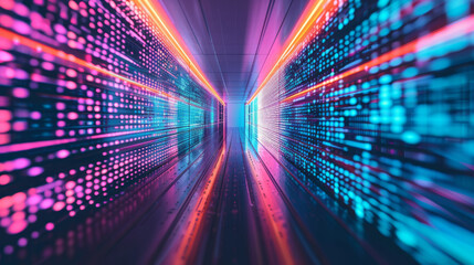 Futuristic digital data stream tunnel with glowing lights and abstract cyber perspective for high-tech information highway in virtual reality network