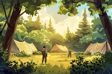 Tent camp in the forest, Boy Scouts and Girl Scouts survive in the forest, illustration - obrazy, fototapety, plakaty