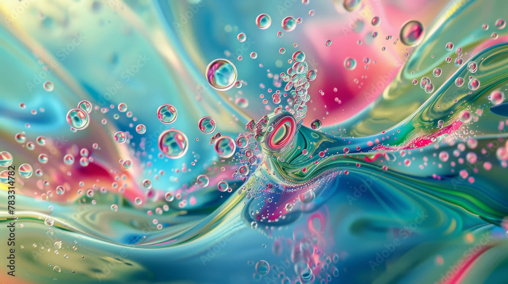Poster Colorful, high-resolution image showing a dynamic mix of liquid swirls and floating bubbles