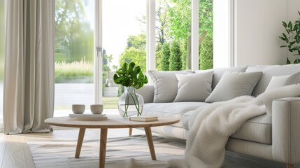 Minimalist Scandinavian Living Room Interior with Light Gray Sofa AI Generated.