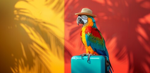 a colorful parrot wearing a summer hat is standing on a blue suitcase against a yellow and orange wall. Summer holidays concept