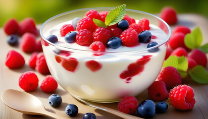 A digital painting of a bowl of yogurt with berries on top