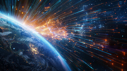 Obraz premium Futuristic visualization of data transfer and digital communication around the planet