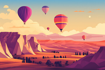 Amazing panoramic view rocky landscape in Cappadocia with colorful hot air balloon deep canyons, valleys. Concept banner travel Turkey. Illustration - obrazy, fototapety, plakaty