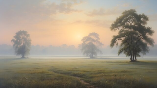 oil painting of a misty meadow at dawn