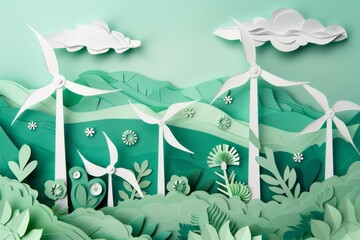 Paper cut , clean power energy, eco friendly concept , windmills in nature