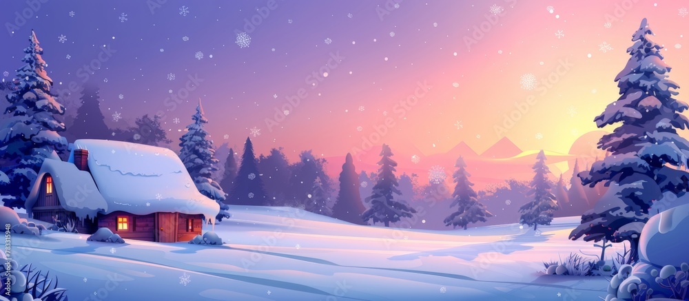 Wall mural cozy cartoon cabin covered in snow surrounded by snowy trees in a serene winter forest setting with 