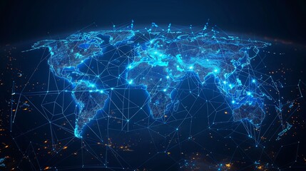 Glowing world map on dark background. Globalization concept. Communications network map of the world. Technological futuristic background. World connectivity and global networking concept