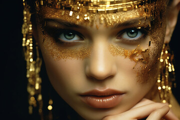 Fashion model in golden. Woman with golden makeup