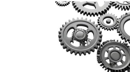 A group of gray metal gears, including cogs and sprockets, interlocking to form an intricate mechanical system on a white background - Powered by Adobe