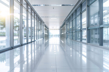 Fototapeta premium Sunlit modern hallway with glass walls and shiny floor