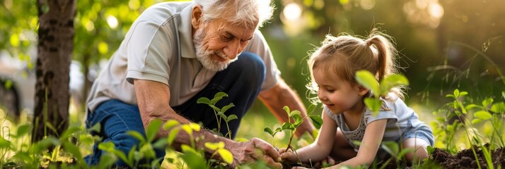 Grandfather with his little granddaughter planting a sprout of a green tree, sharing experience and caring with the younger generation, banner