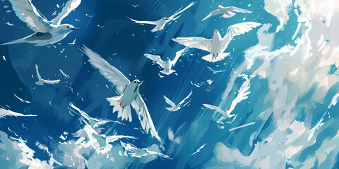 white birds fly in the blue sky