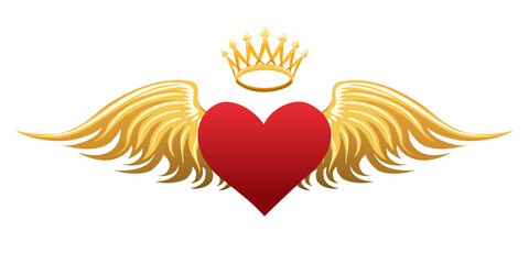 Heart with Wings and Crown Emblem Isolated on White