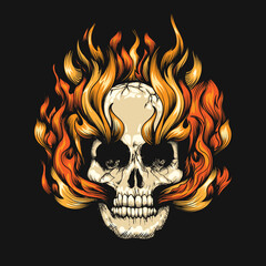 Engraving Skull Burning in Hell Fire isolated on Black background