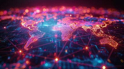 Fototapeta premium Glowing world map on dark background. Globalization concept. Communications network map of the world. Technological futuristic background. World connectivity and global networking concept