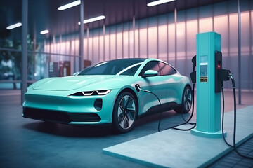 Obraz premium An electric vehicle or EV car at a charging station with the power cable supply plugged. Eco-friendly sustainable energy concept
