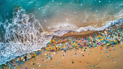 Fototapeta na wymiar sand grains mixed with microplastics on a beach