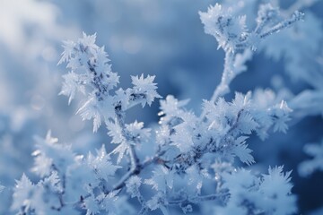 Delicate branches covered in frost, captured in stunning detail and cast in a cool blue tone, exude the beauty of winter's touch.

