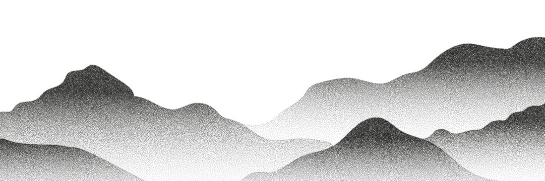 Grayscale vector halftone dots background with a fading dot effect, resembling a abstract mountain landscape. Black noise dots, a sand grain effect, and grunge banner for an abstract, textured pattern