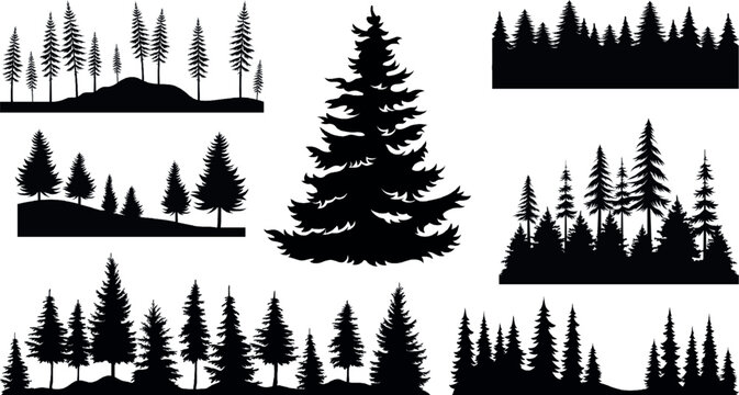 Silhouette of tree forest. Pine forest. woodland trees set Logotype great set collection clip art Silhouette , Black vector illustration on white background.
