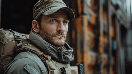 Fototapeta premium Soldier in camouflage uniform standing outdoors looking to camera, close up