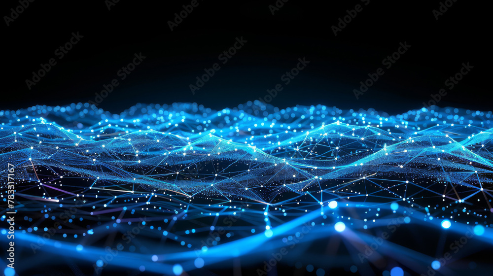 Poster Futuristic abstract digital network waves technology background with glowing blue lines and intricate connectivity pattern for modern high-tech design concept in a virtual landscape