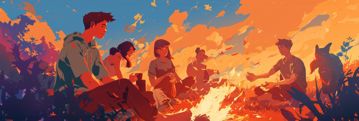 Illustration of a group of happy people are sharing smiles around a campfire, enjoying the leisure of travel