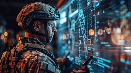 Army war analysis officers monitor the coordination of military teams. Digitally equipped military commanders with virtual operational forces