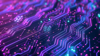 Abstract tech background featuring a detailed circuit board with neon light paths