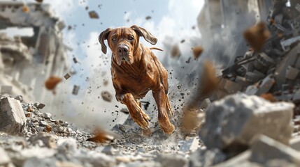 A Bloodhound tracking its prey through the ruins, with a suspenseful action cam style shot and room for text about relentless pursuit , 3d vecter graphic, white  background - obrazy, fototapety, plakaty
