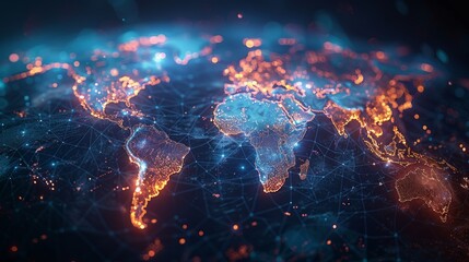 Fototapeta na wymiar Glowing world map on dark background. Globalization concept. Communications network map of the world. Technological futuristic background. World connectivity and global networking concept