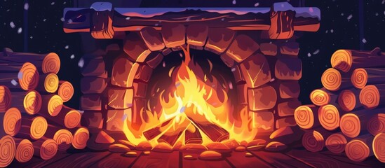 Fire depicted in an animated style within a fireplace setting, enclosed by wooden logs - obrazy, fototapety, plakaty