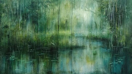 A painting of a forest scene with a river running through it. The water is green and reflective, and there are trees on both sides. The sky is a mix of blue and green. - obrazy, fototapety, plakaty