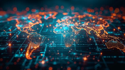 Fototapeta premium Glowing world map on dark background. Globalization concept. Communications network map of the world. Technological futuristic background. World connectivity and global networking concept