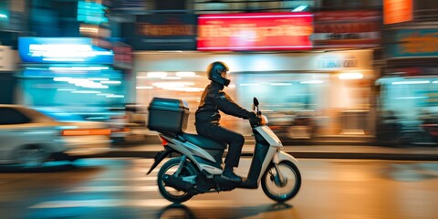 Naklejka premium A man on a scooter is riding down a street with a red sign in the background. The scene is blurry, giving it a sense of motion and excitement