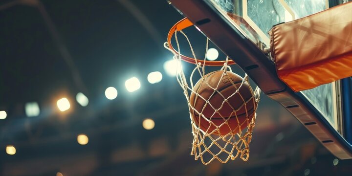 A basketball is in the air, about to go through a net. The image is set in a stadium, with lights shining on the court