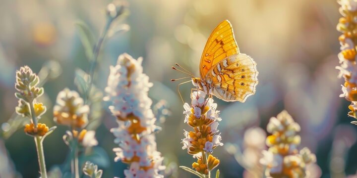 A butterfly is sitting on a flower in a field. The butterfly is orange and white. The field is full of flowers and the sun is shining brightly