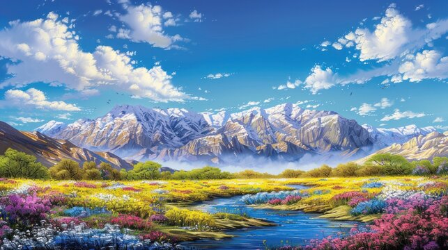 Beautiful landscape with a river flowing through a flower field in front of snow-capped mountains. The sky is blue with clouds, the sun is shining brightly.