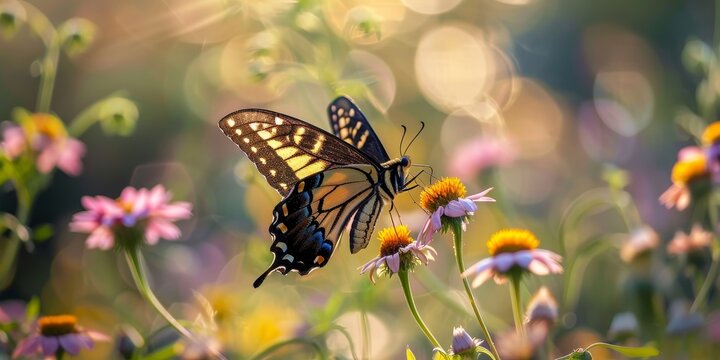 A butterfly is resting on a flower in a field. The butterfly is yellow and black with a brown head. The flower is pink and has a yellow center. The scene is peaceful and serene, with the butterfly