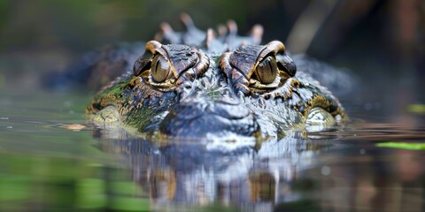 Obraz premium A crocodile is swimming in a pond. The water is murky and the crocodile's eyes are visible