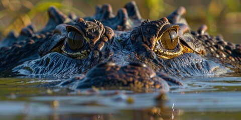 A crocodile's face is shown in the water. The eyes are large and the mouth is open