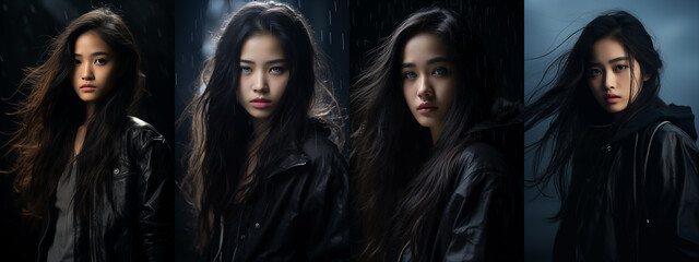 Epic YA fantasy portraits collection featuring pretty Asian teens. Urban fantasy. Mysterious pretty female teen. Intense gaze. Cinematic paranormal. Long black hair. Blue, green, black, brown eyes.