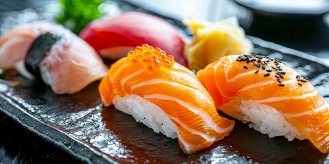 A plate of sushi with a variety of colors and textures. The sushi is arranged in a way that highlights the different flavors and ingredients. The plate is set on a black background - obrazy, fototapety, plakaty