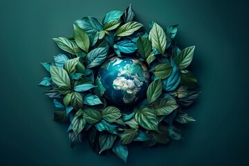 A serene image of a globe surrounded by leaves, symbolizing the environmental, social, and governance aspects of ESG investing against a minimalist backdrop , deep gradient background - obrazy, fototapety, plakaty