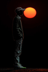 A serene shot of a player standing at the baseline, gazing out at the horizon as the sun sets behind them , deep black background