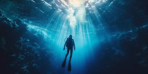 A man is swimming in the ocean with the sun shining on him. The water is clear and blue, and the man is wearing a wetsuit. The scene is peaceful and serene